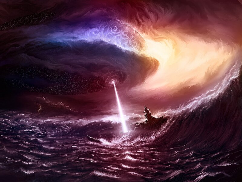 Ship in Stormy Sea — Purple, Dramatic, Night, Digital Art