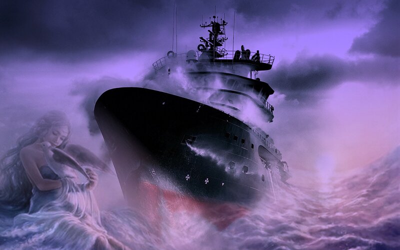 Ship in Stormy Sea — Purple, Dramatic, Night