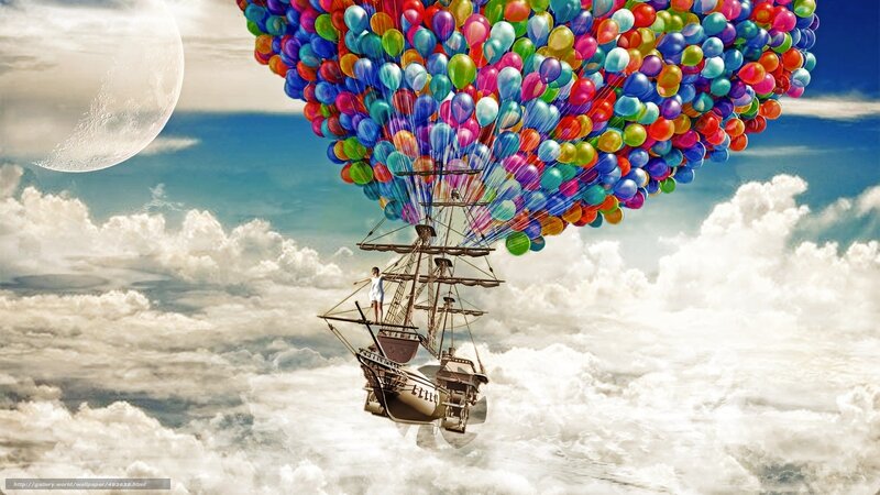 Ship Lifted by Balloons — Blue, Dreamy, Digital Art