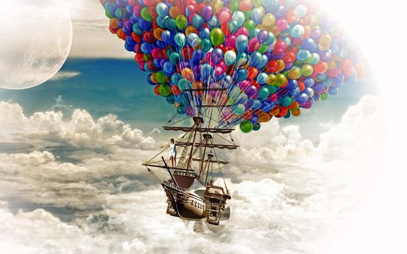 Ship Lifted by Balloons — Blue, Dreamy