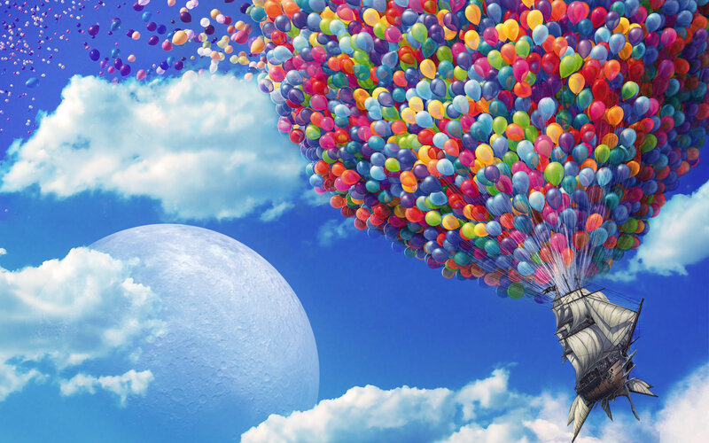 Ship Lifted by Balloons — Blue, Whimsical