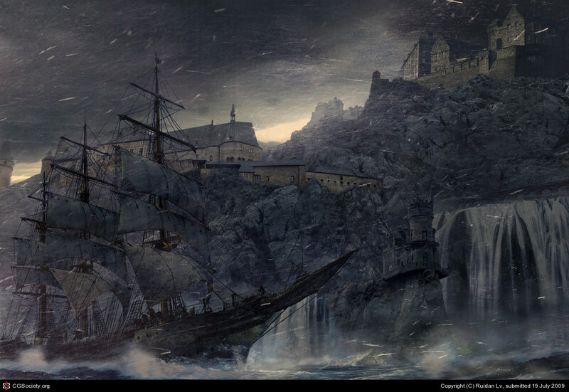 Ship near a coastal fortress
