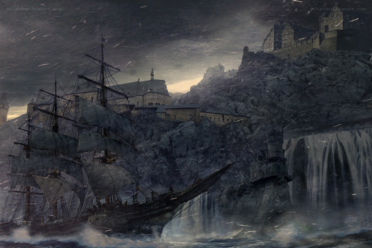 ship near castle on cliff