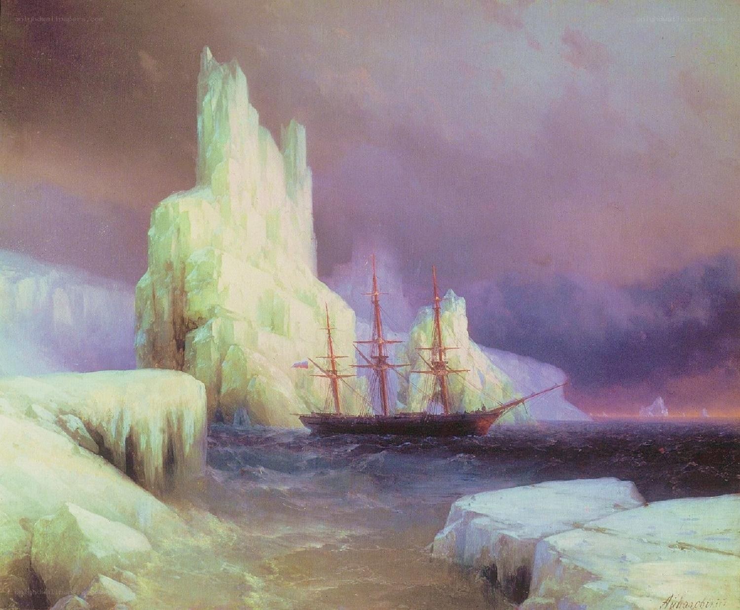 Ship near icebergs at dusk