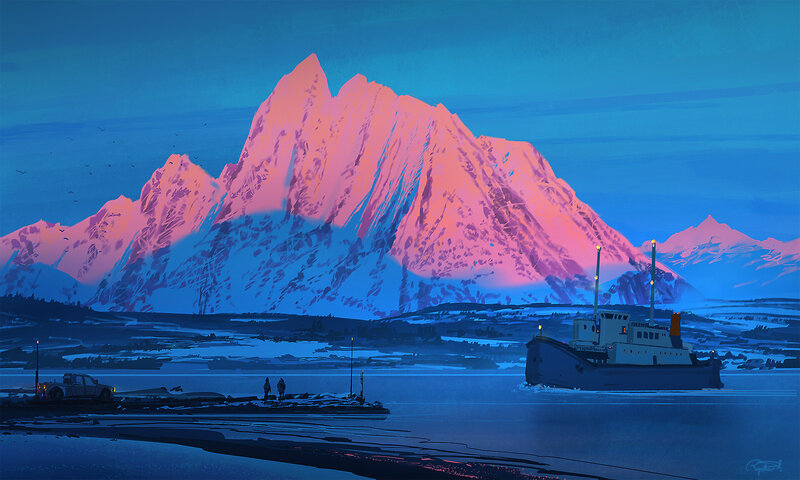 Ship Near Mountain — Blue
