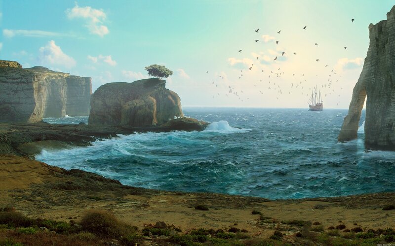 Ship Near Rocky Coast