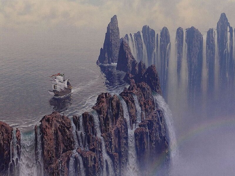 ship near waterfall cliffs