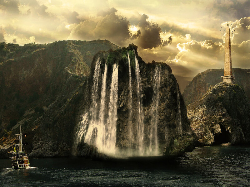 Ship Near Waterfall