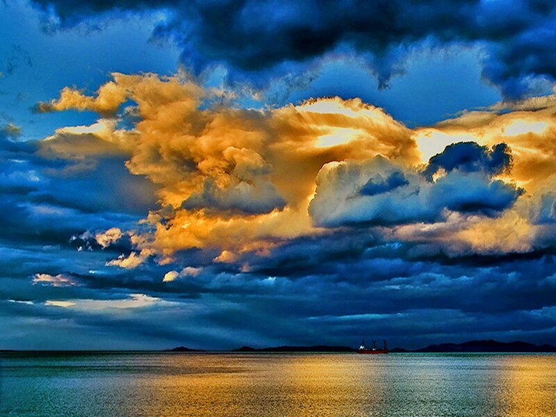 Ship on Calm Sea — Blue