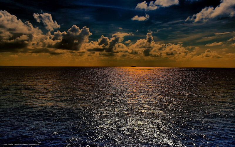 Ship on Ocean at Sunset — Blue, Dramatic, Photograph