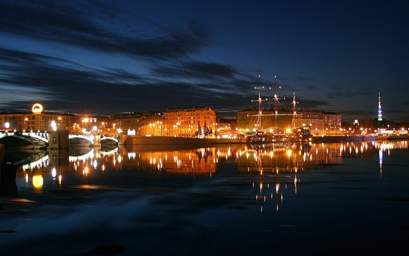 Ship on River at Night — Blue