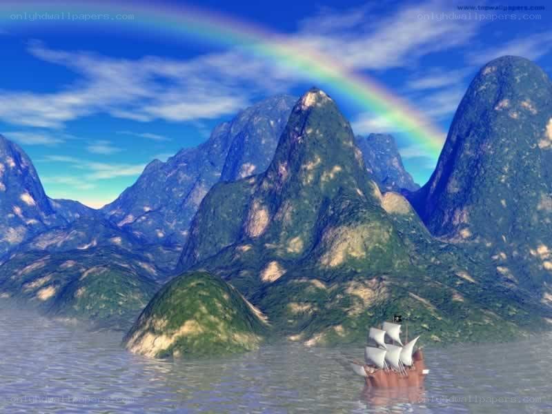 ship sailing near mountains with rainbow
