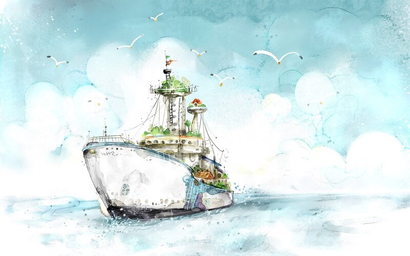 ship sailing through clouds