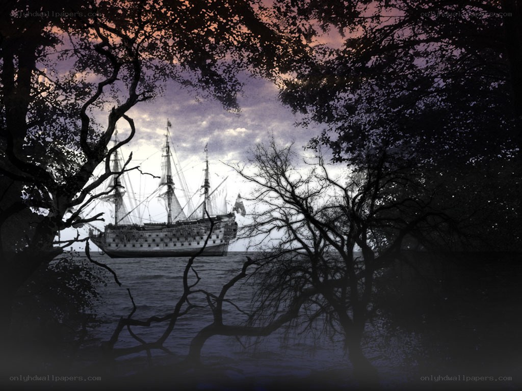 ship seen through trees
