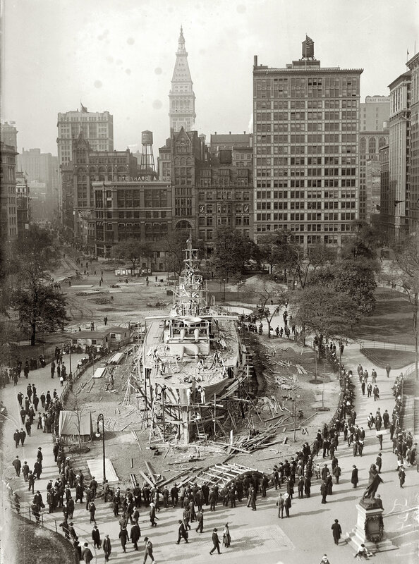 Ship under construction in city park