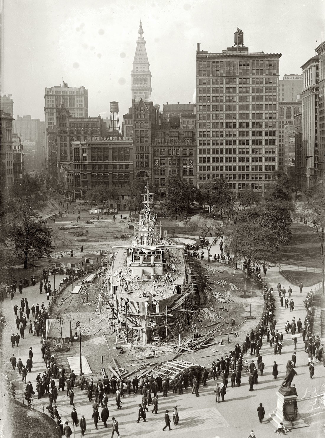 Ship under construction in city park