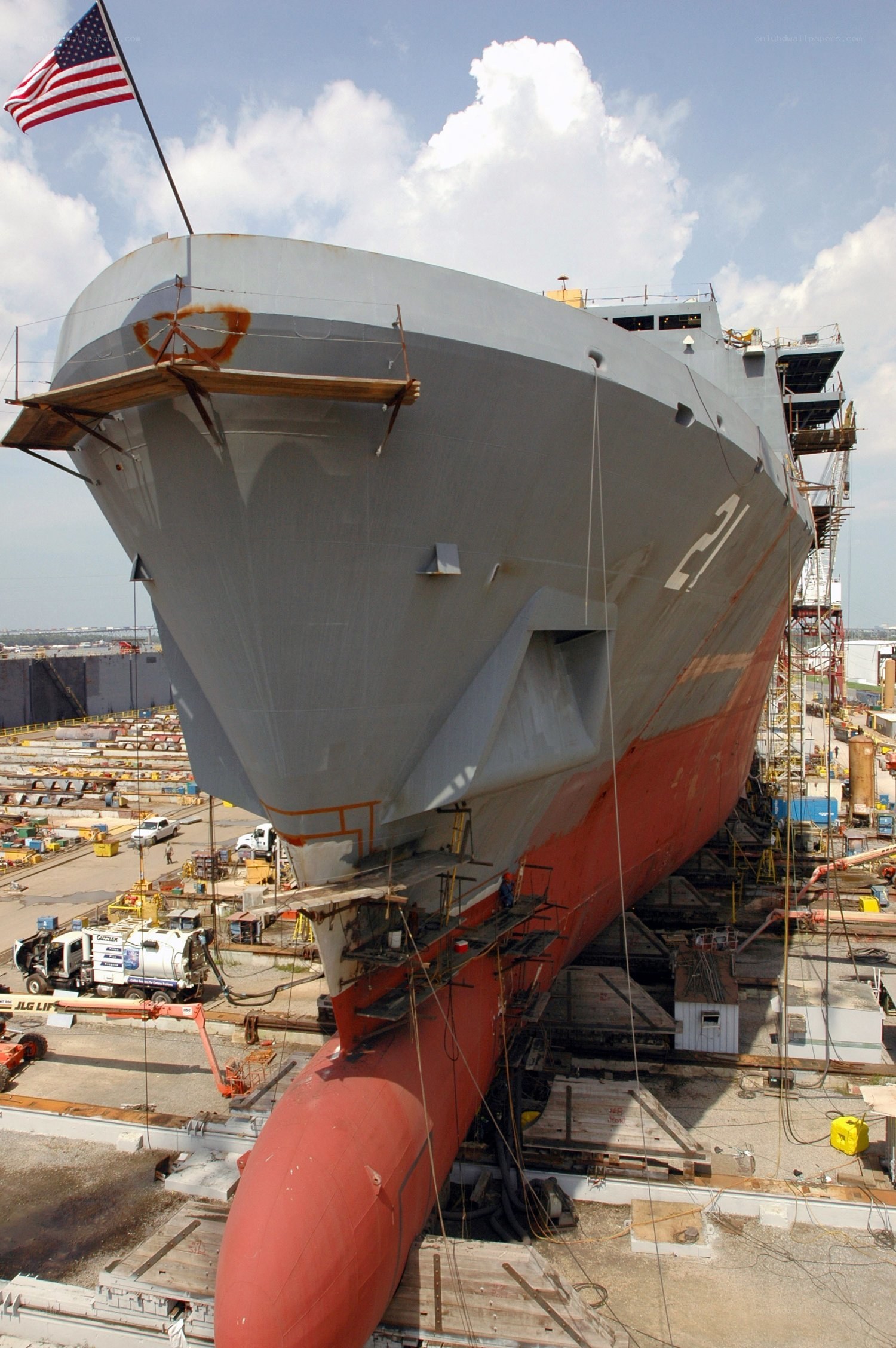 Ship under construction in dry dock