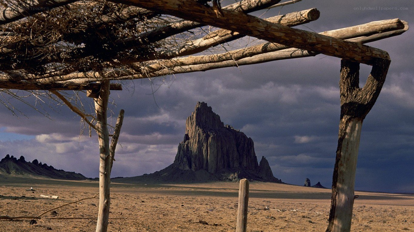 Shiprock rock formation in desert