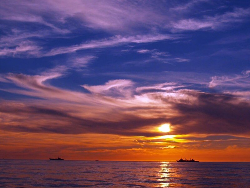 Ships at Sunset — Blue, Dramatic