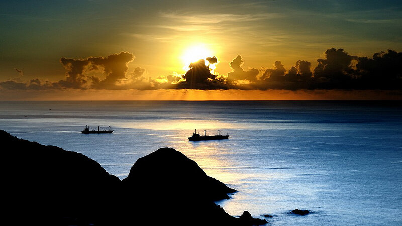 Ships at Sunset — Blue
