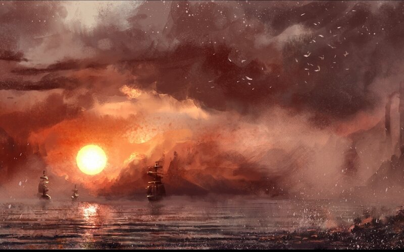 Ships at Sunset — Orange, Dramatic, Digital Art