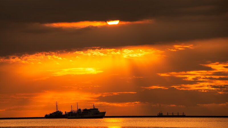 Ships at Sunset — Orange, Dramatic