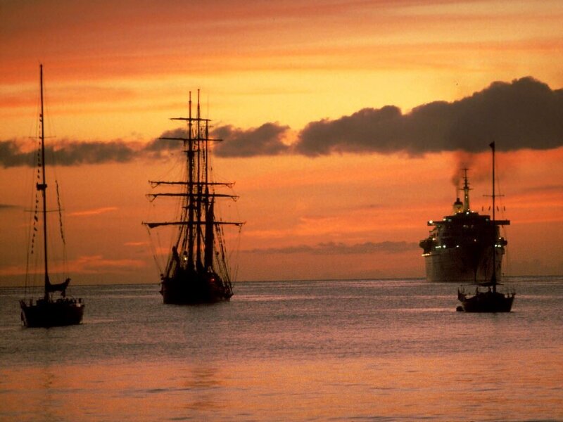 Ships at Sunset — Orange, Serene