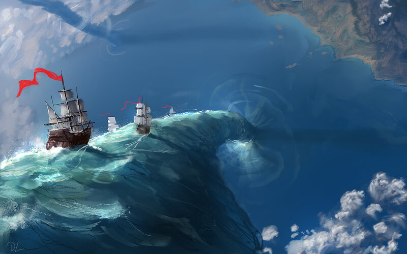 Ships Battling Sea Monster