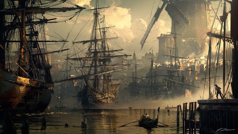 Ships in a Harbor — Brown, Dramatic, Sunset, Digital Art