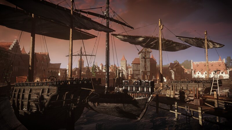 Ships in a Harbor — Brown, Dramatic, Sunset