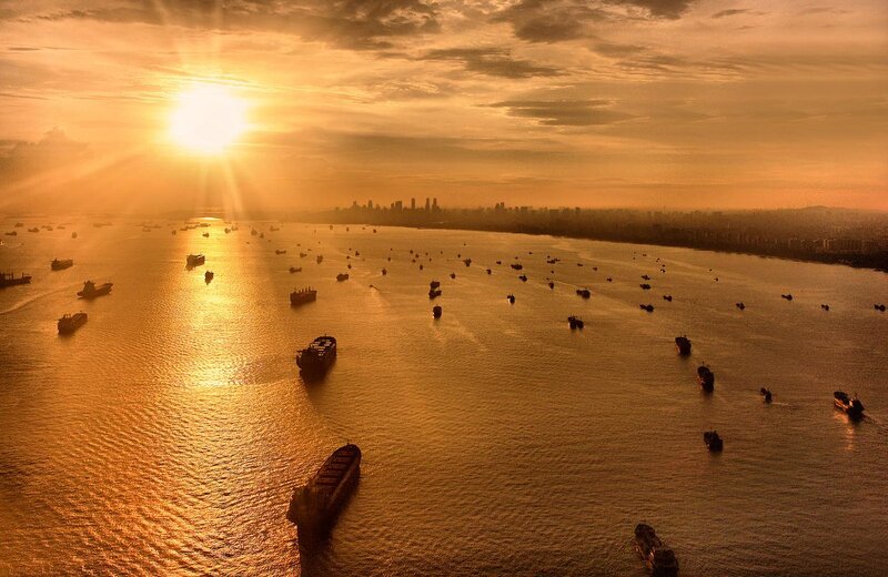 Ships in Harbor at Sunset