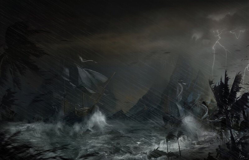 Ships in Stormy Sea — Black, Dramatic