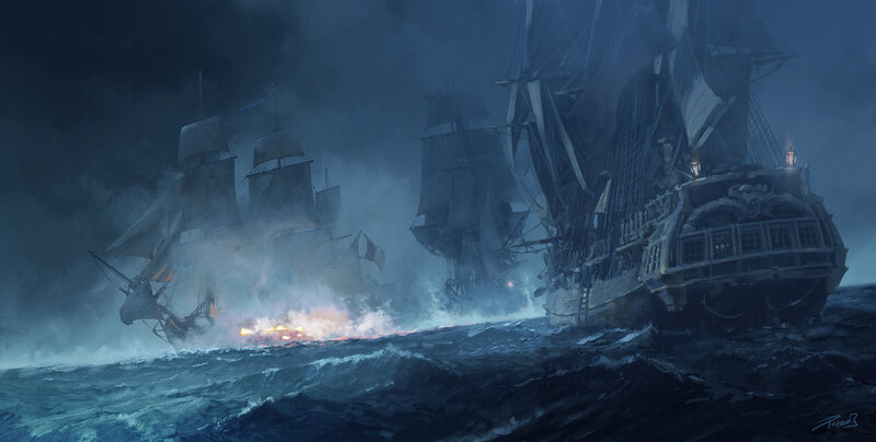 Ships in Stormy Sea — Blue, Dramatic, Night, Digital Art, Sailboats, Fire