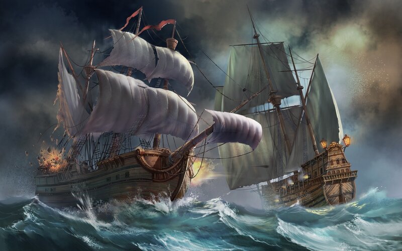 Ships in Stormy Sea — Blue, Dramatic, Night, Digital Art, Sails, Waves
