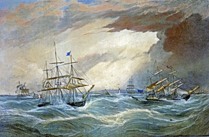 Ships in Stormy Sea — Blue, Dramatic, Painting