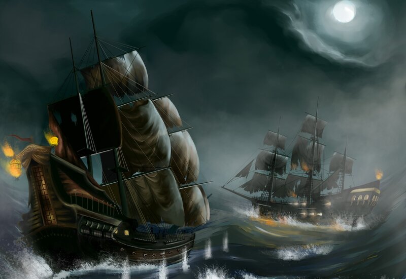 Ships in Stormy Sea — Dark Blue, Dramatic, Night