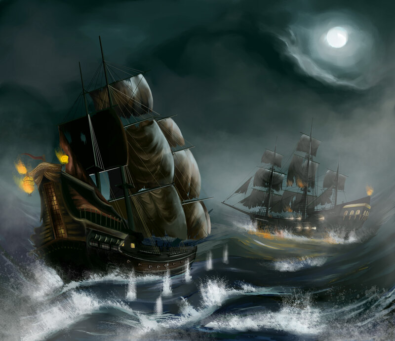 Ships in Stormy Sea — Dark Blue, Dramatic
