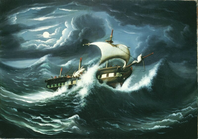 Ships in Stormy Sea — Dark Blue