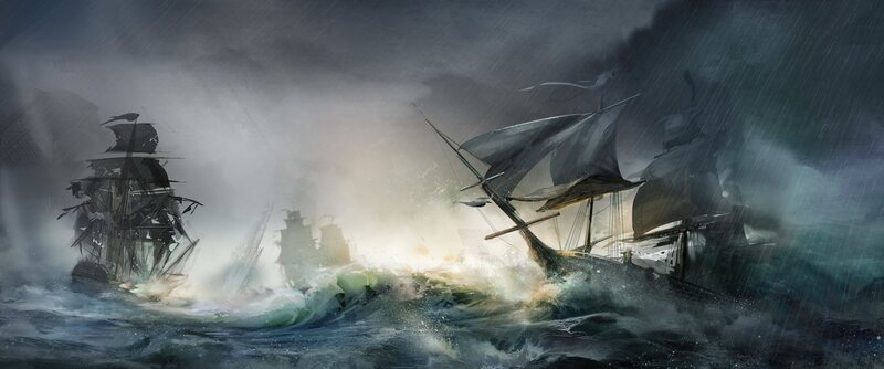 Ships in Stormy Sea — Gray, Dramatic, Digital Art, Sailboats