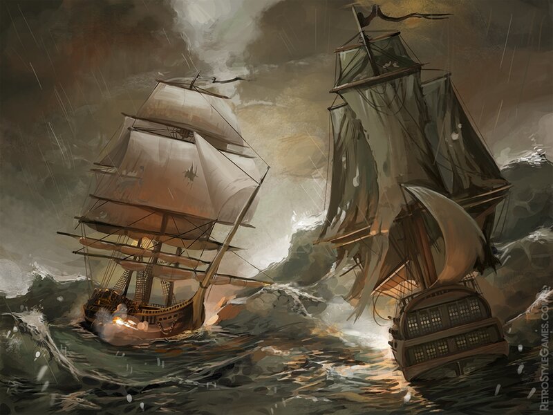 Ships in Stormy Sea — Gray, Dramatic, Digital Art