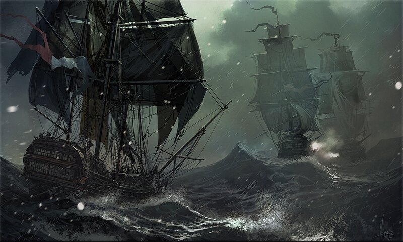 Ships in Stormy Sea — Gray, Dramatic, Night, Digital Art
