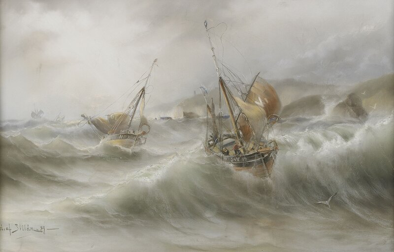 Ships in Stormy Sea — Gray, Dramatic, Painting, Boats