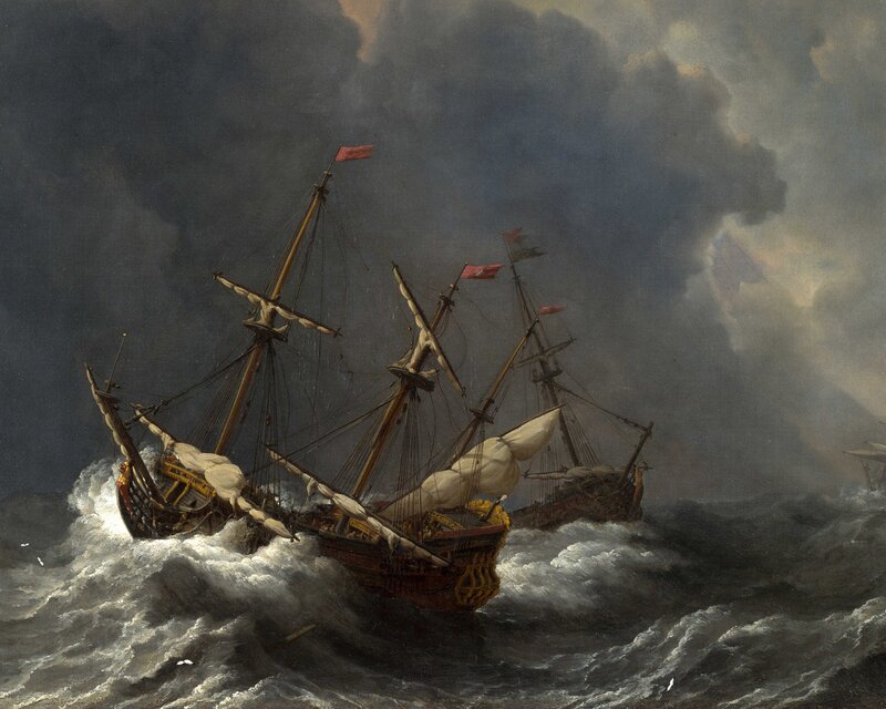 Ships in Stormy Sea — Gray, Dramatic, Painting, Sailboats