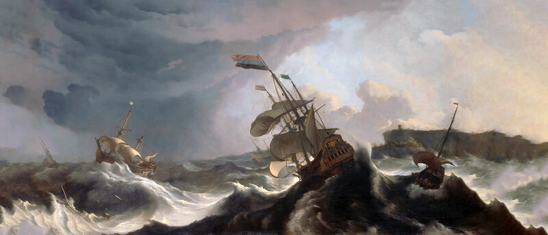 Ships in Stormy Sea — Gray, Dramatic, Painting, Sailboats, Waves, Clouds