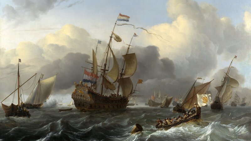 Ships in Stormy Sea — Gray, Dramatic, Painting
