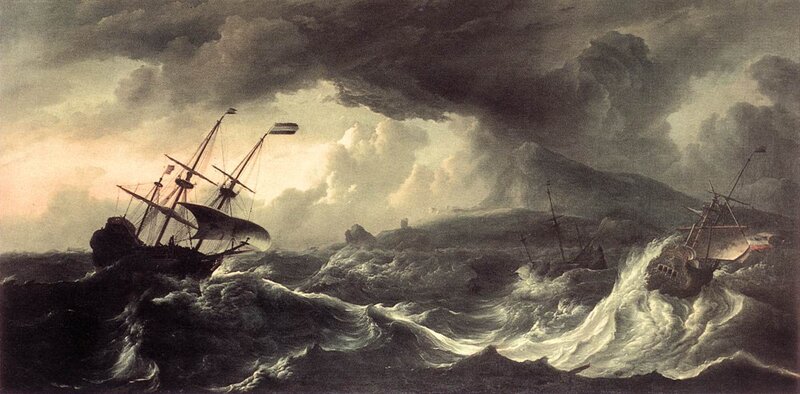 Ships in Stormy Sea — Gray, Dramatic, Sunset