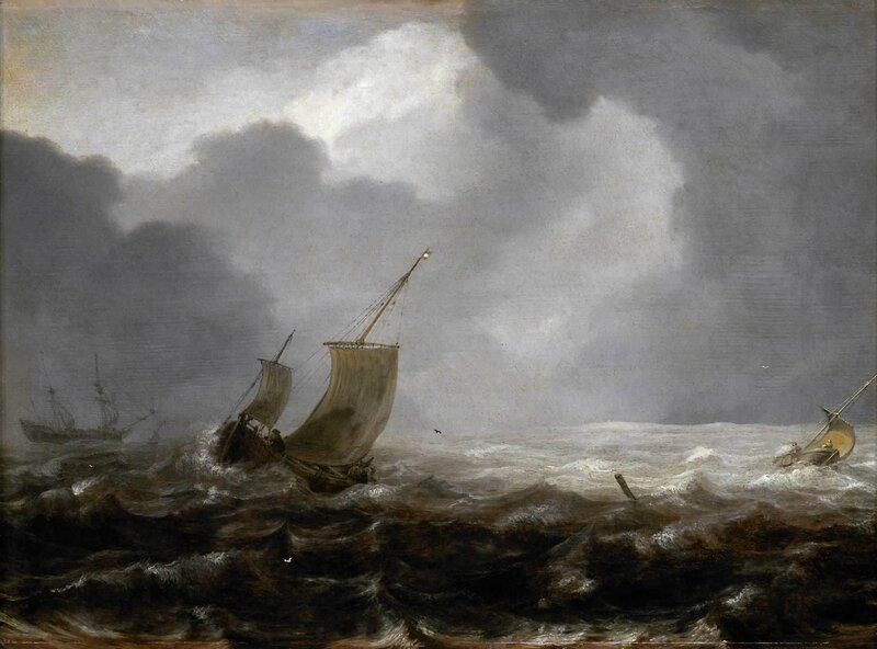 Ships in Stormy Sea — Gray, Dramatic