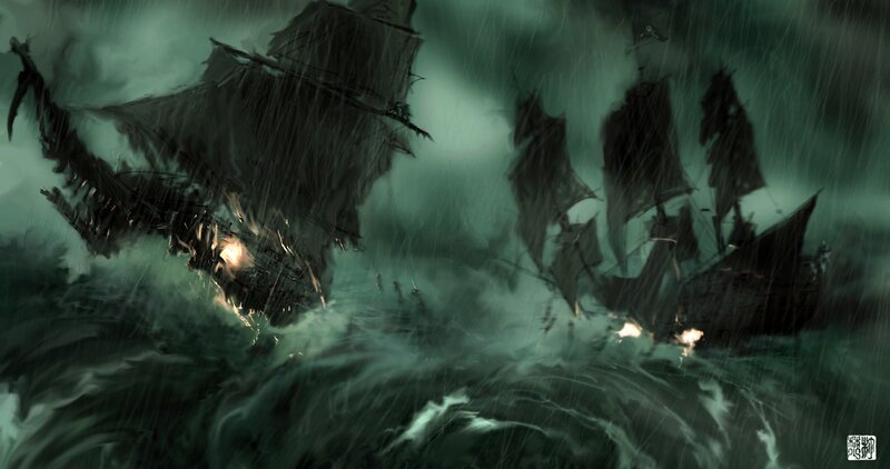 Ships in Stormy Sea — Green, Dramatic, Night