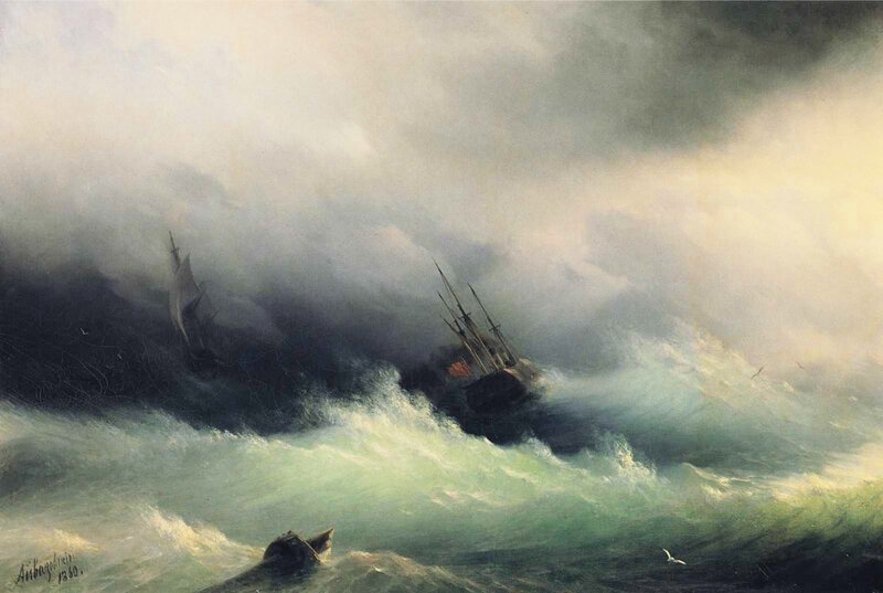 Ships in Stormy Sea — Green, Dramatic, Painting