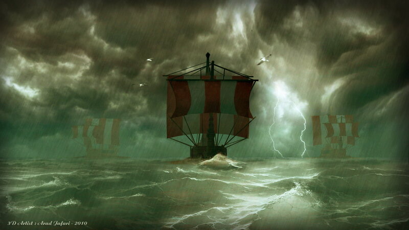 Ships in Stormy Sea — Green, Dramatic